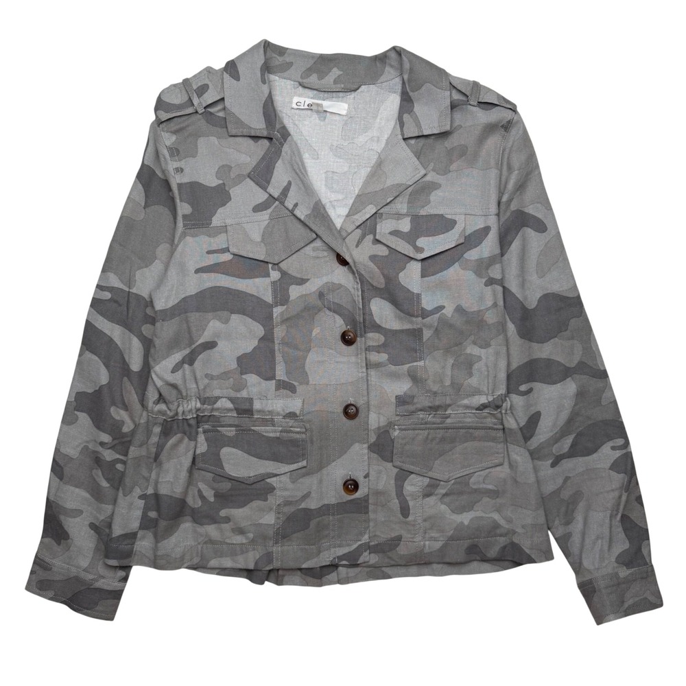 Cleo Camo Utility Jacket Grey Linen Blend Drawstring Military Gorpcore Size S